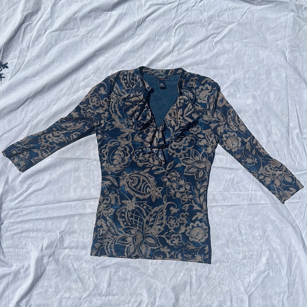 Chaps Denim sheer mesh top v neck w/ ruffled accent 3/4 sleeve pattern Navy XS